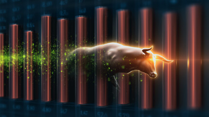Bullish Market Growth:  A powerful bull charges through a glowing digital landscape of rising red bars, symbolizing surging market growth and prosperity.