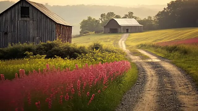 Dirt road winds past barns and colorful wildflowers in serene countryside at dawn