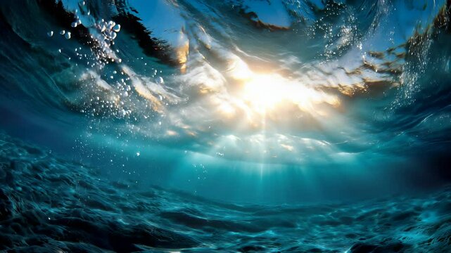 浅い海の海底から見上げた太陽光が差し込む水中の光景
