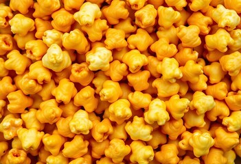 Uniformly caramel-coated popcorn kernels, close-up view, texture, coating