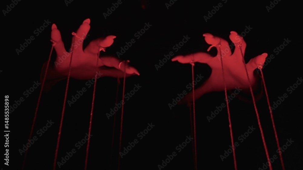 Poster dark manipulation: hands controlling red-string puppets