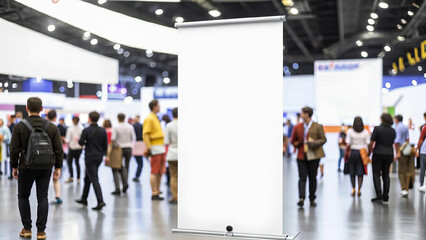 roll up banner blank mockup against the backdrop of a blurry technology exhibition