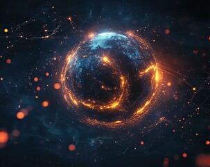 Obraz premium A vibrant, glowing Earth enveloped by a network of fiery energy lines. A captivating visualization of interconnectedness