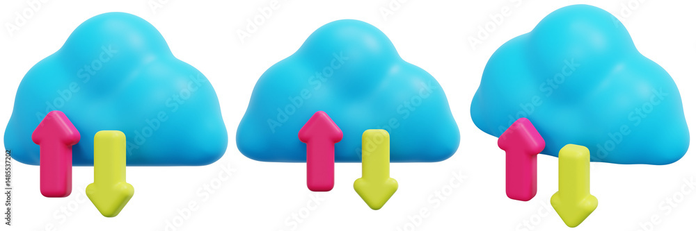Poster set of 3d blue clouds with up and down arrows representing data transfer 3d render icon illustration