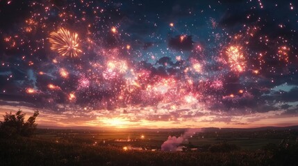 Fototapeta premium A sky filled with multicolored fireworks, each burst casting a radiant glow over a calm countryside landscape