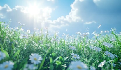 Fototapeta premium A field of white flowers under a bright, sunny sky. Lush green grass fills the foreground, interspersed with numerous delicate white flowers. 