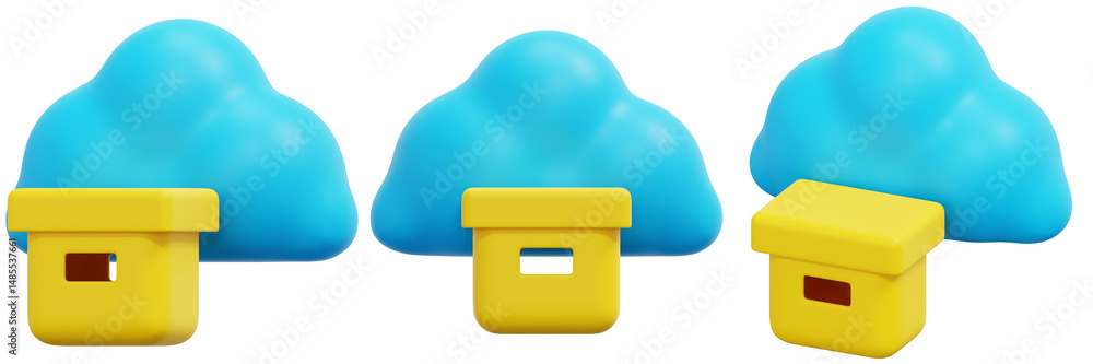 Poster set of 3d renderings of blue clouds over yellow boxes representing cloud data storage 3d render icon