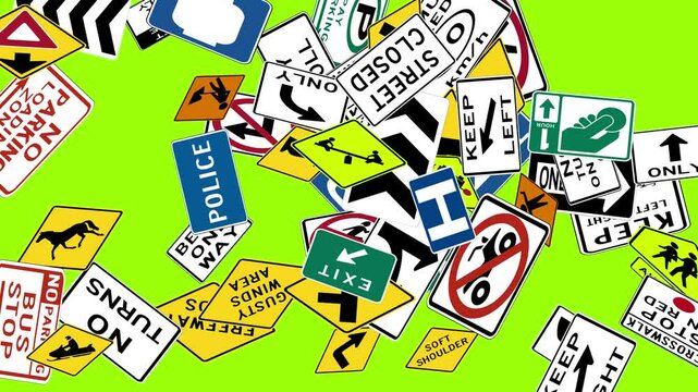 A grid structured as a 14x15 matrix featuring a multitude of traffic signs used in the USA