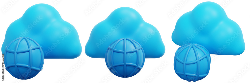Poster set of blue 3d renderings of clouds and globes 3d render icon illustration