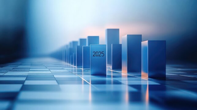 Blue domino tiles lined up on a reflective surface with one tile marked 2025, symbolizing future planning and progress in a calm, futuristic setting