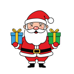 A cartoon Santa Claus in a red suit with white trim, black belt with gold buckle, black boots, and a red hat with a white pom-pom, holding a blue and a green gift box.