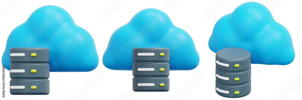 Poster set of dimensional illustration of cloud servers and database 3d render icon illustration