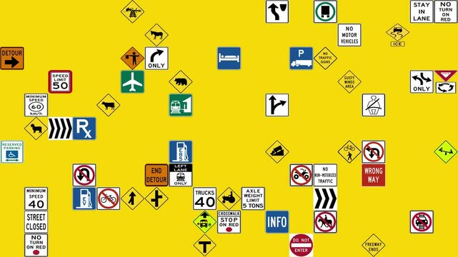 A grid structure containing a variety of traffic signs that are utilized in the USA set against a yellow backdrop
