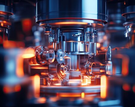 High-tech manufacturing machine in operation.  Close-up view of intricate metal components, gears, and mechanisms, with intense orange-red heat radiating