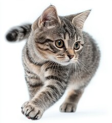 Obraz premium Curious young tabby kitten with stripes walking forward on white background with alert expression