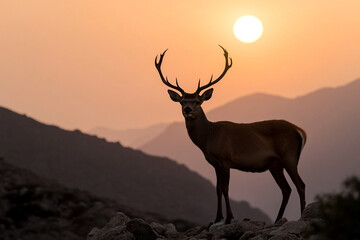 Fototapeta premium Silhouette of a deer standing against a sunset landscape in a serene mountain setting