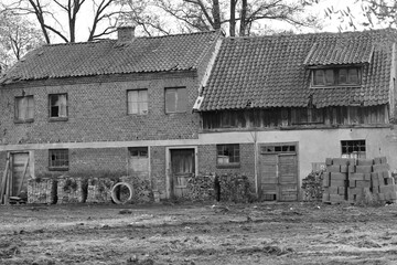 Obraz premium devastated old historical buildings, black and white photo, Braniewo, Poland