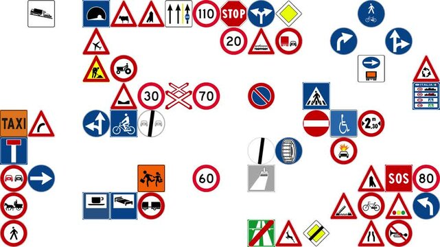 A grid organized in a 9x16 matrix containing numerous traffic signs that are used in Italy and Europe