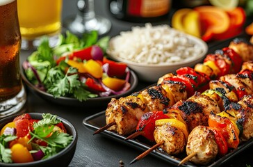 Grilled chicken and vegetable skewers with rice and sides