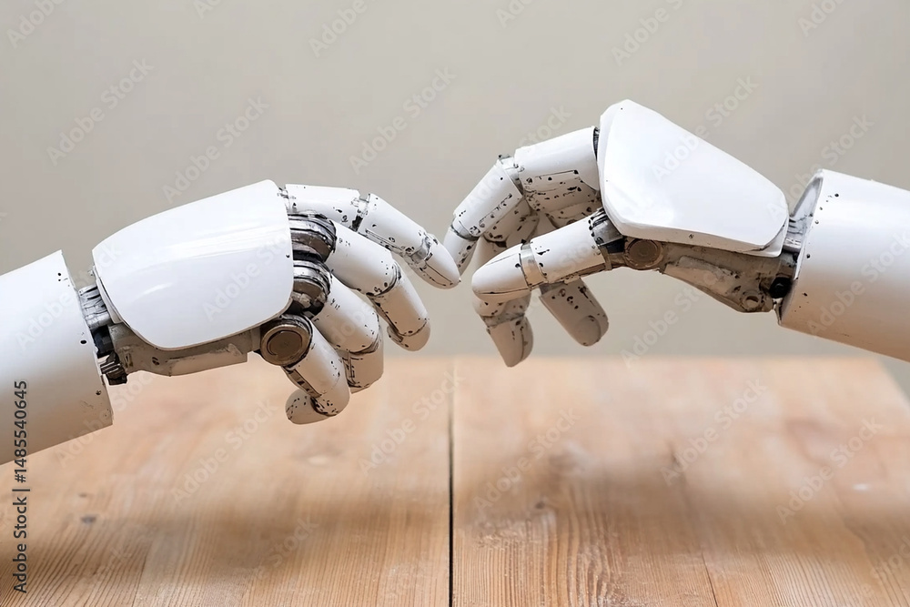 Poster robotic arms reaching out in a chaotic automated assembly line