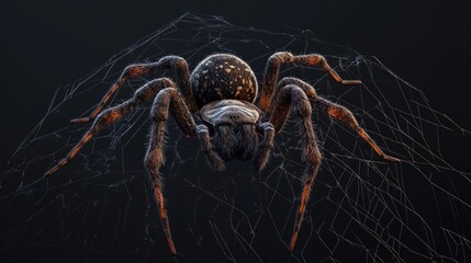 A spooky spider with detailed web strands, isolated on a transparent background