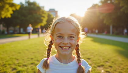 Fototapeta premium Cheerful girl with braided hair smiling brightly in a sunlit park during golden hour 