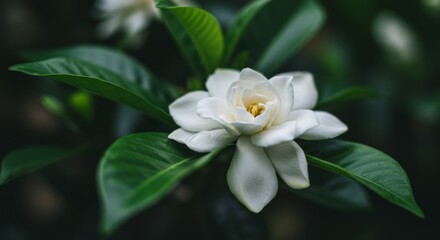 Close Up of a White Gardenia Flower with Green Leaves