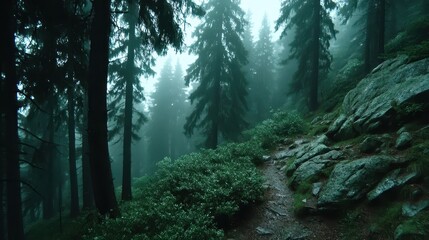 Fototapeta premium Low Angle Shot of Sunlight Piercing Through Fog in Dense Forest Setting