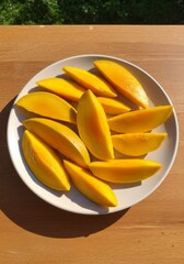 Ripe Yellow Mango Slices on White Plate