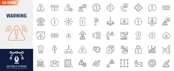 Warning line editable icon set. Containing Alert, caution, danger, error and more. Vector illustration