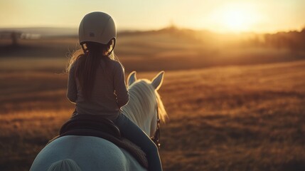 Child riding horse in sunlit field, enjoying outdoor adventure, connection with nature, equestrian lifestyle, tranquil sunset, family-friendly activity.