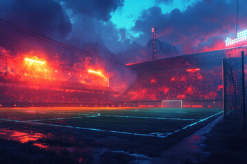 Fans watching a soccer match in a stadium lit up with red lights.