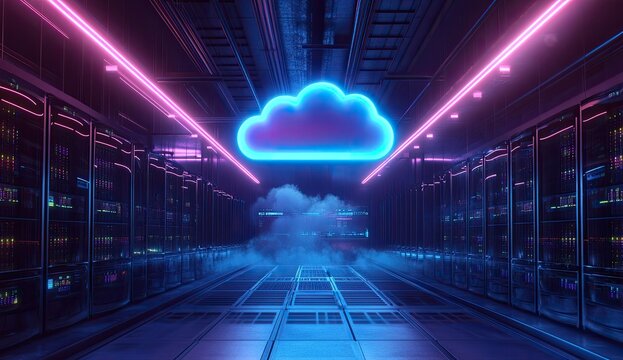 Futuristic server room with cloud computing symbol.  Neon lighting illuminates the server racks in a dark interior.  A large glowing cloud icon hangs above the central walkway