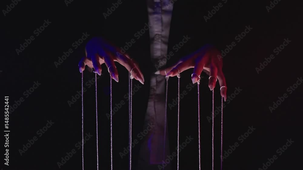 Poster hands controlling strings in dramatic lighting effect