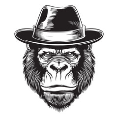 Gorilla wearing hat, vintage logo line art concept black and white color, gorilla vector illustration