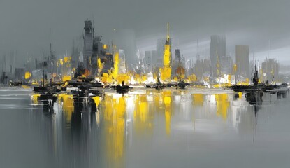 Abstract cityscape,  reflecting in water.  A vibrant, modern metropolis