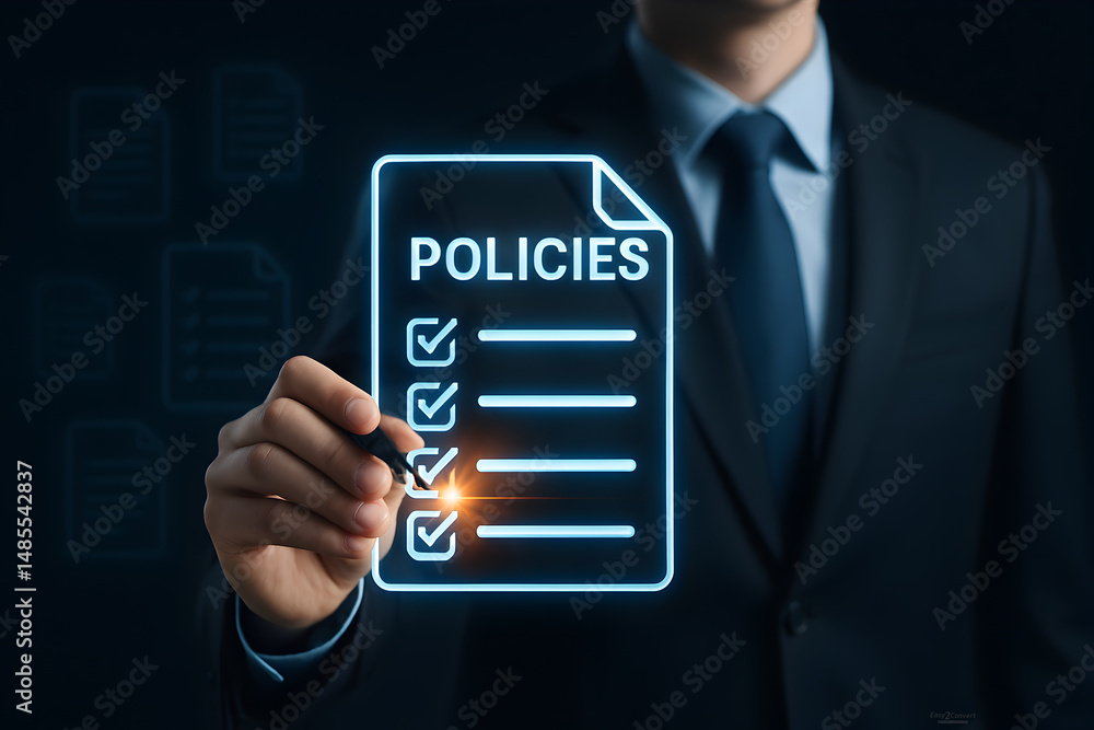 Poster checklist online document practices and policies concept, businessman use tablets to check steps thr