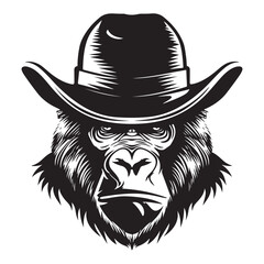 Gorilla wearing hat, vintage logo line art concept black and white color, gorilla vector illustration