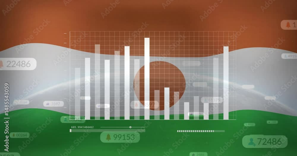 Poster translucent bar chart overlay moving across wavy tricolor flat design dashboard with floating icons