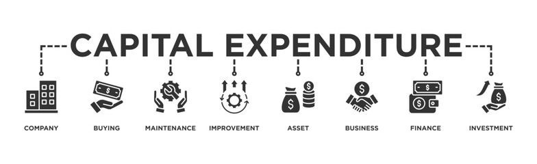 Fototapeta premium Capital expenditure banner web icon illustration concept with icon of company, buying, maintenance, improvement, asset, business, finance, investment