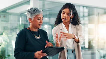 Feedback, tablet and business women in office for project, planning and collaboration....
