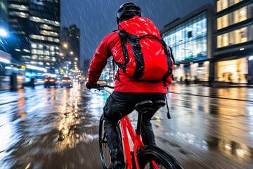 Bicycle messenger navigates through chaotic urban traffic in heavy rain at night