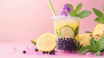 Refreshing tropical boba tea beverage with lemon, pineapple and cucumber slices