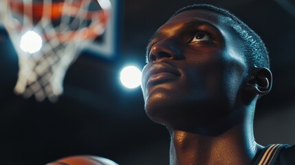 Basketball player focused on court preparing for game under bright arena lights showcasing determination and athleticism in sports environment.