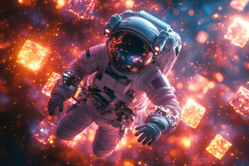 Astronaut floating in space, backdrop of red nebula.