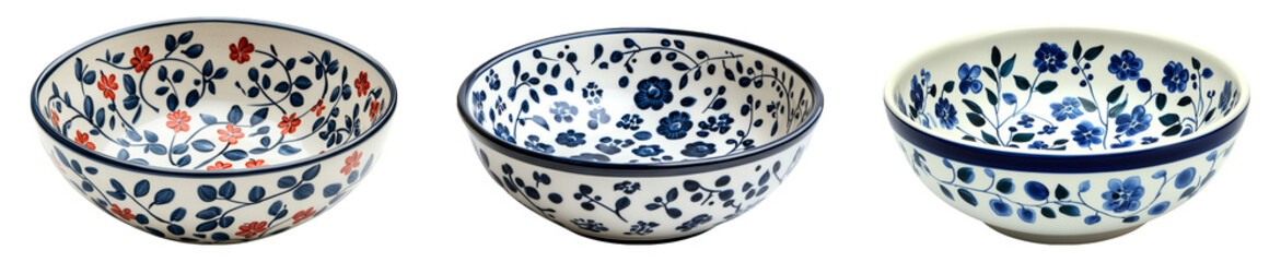 Colorful Ceramic Bowls with Floral Patterns on Transparent Background