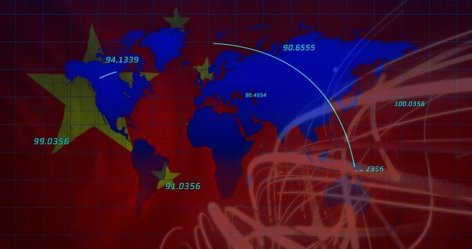 Blue world map silhouette displaying numeric labels with turquoise trajectory arc over red backdrop