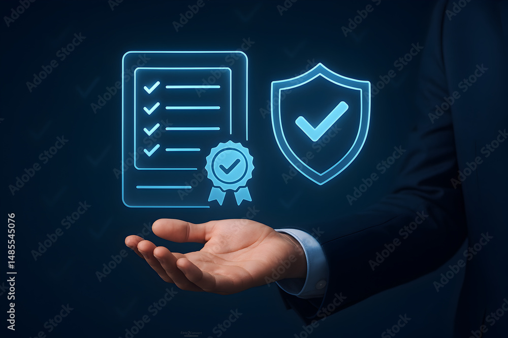 Poster businessman using laptop with quality assurance and document icon for iso or international standard 