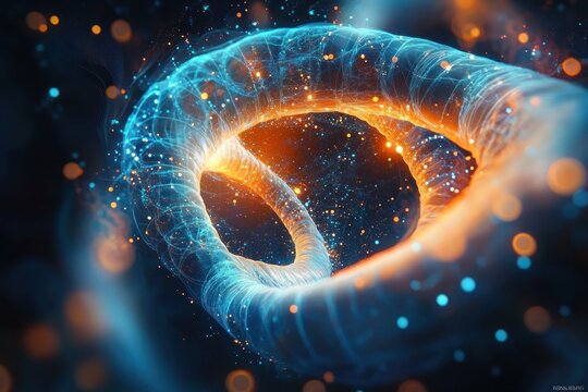 Glowing translucent torus shape with intricate network-like structure surrounded by floating colorful particles emitting blue and orange light