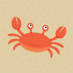 Red crab with big eyes smiling on sandy beach background